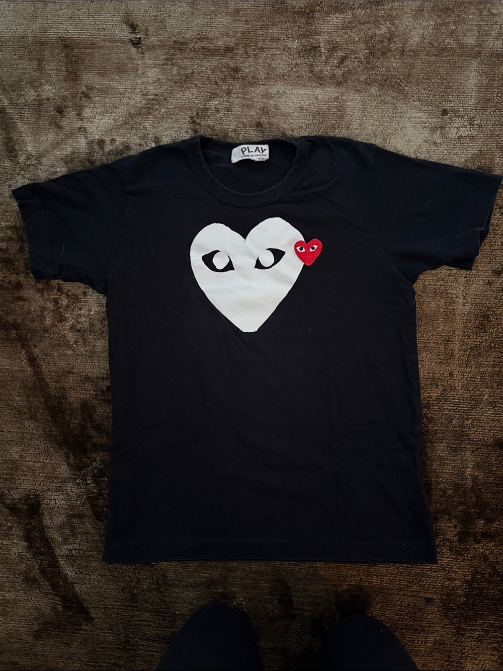 Comme des Garçons PLAY Black Tee with White and Red Heart Graphics